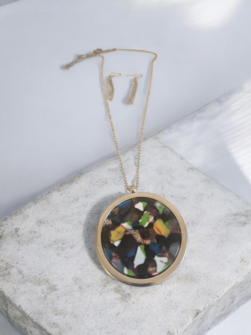 Gold-Tone Multicolor Resin Pendant Necklace and Earrings Set
